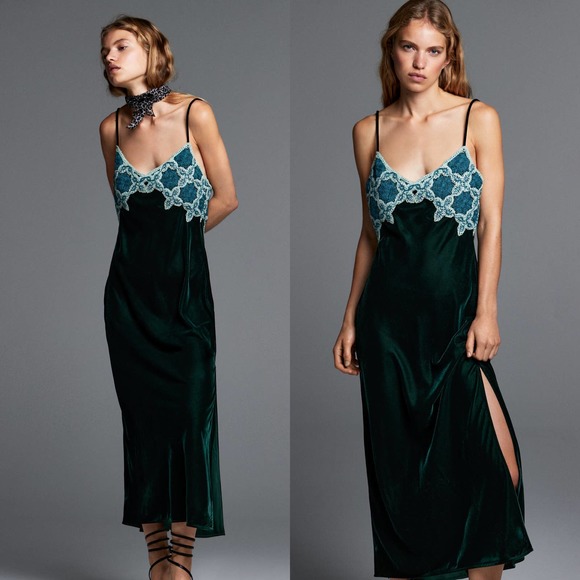 ZARA VELVET + CROCHET MAXI DRESS DARK GREEN / BLUE - Picture 3 of 12